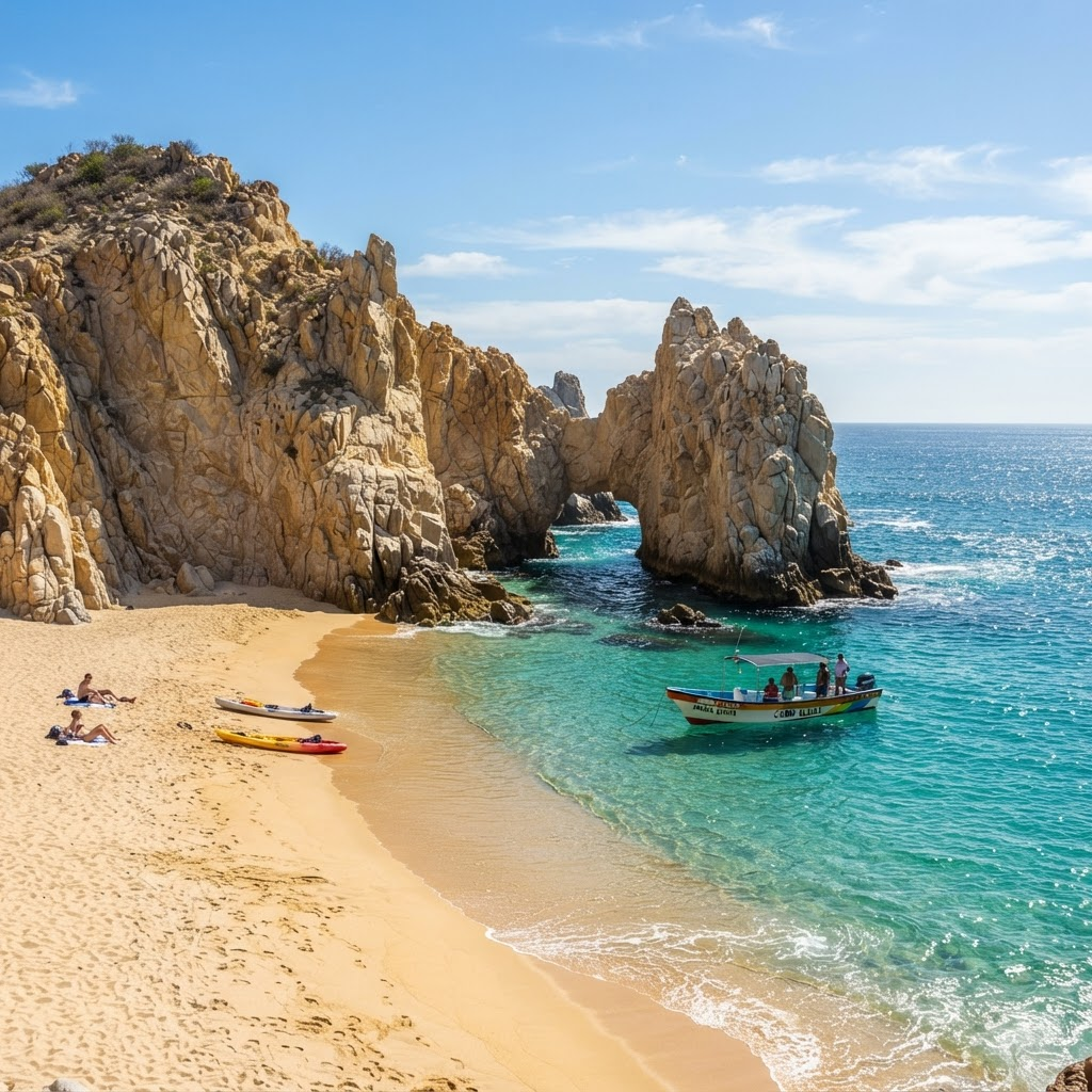 Lovers Beach cove between tall rock formations with a water taxi